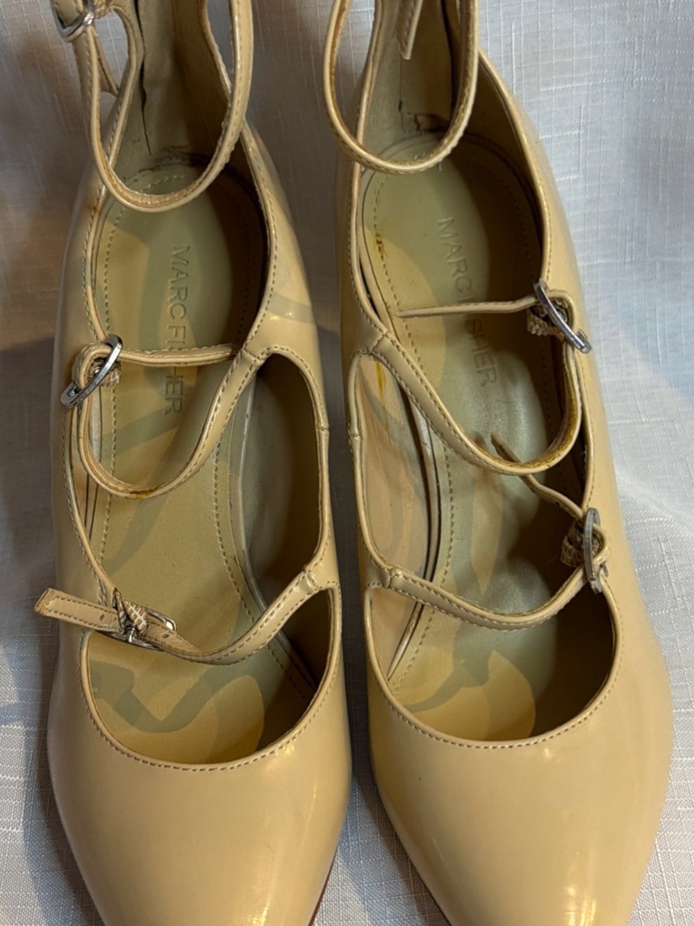 Marc Fisher Beige Patent Leather Multi-Strap Pumps